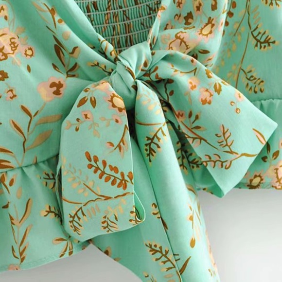 Boho Mint Green Floral Print Ruffle Crop Top Maxi Skirt Set - Picture 9 of 12